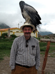 Ted Pack in Peru with an eagle on his head